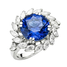 Afbeelding in Gallery-weergave laden, Ring met 8.25 Karaat Grote Sri Lanka Kleursaffier en Marquise IGI GECERTIFICEERDE Diamanten