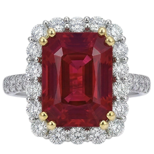 Afbeelding in Gallery-weergave laden, 9 Kt Rood Kussen Geslepen Robijn IGI GECERTIFICEERDE Diamanten Trouwring Tweekleurig Goud 14K