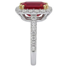 Afbeelding in Gallery-weergave laden, 9 Kt Rood Kussen Geslepen Robijn IGI GECERTIFICEERDE Diamanten Trouwring Tweekleurig Goud 14K