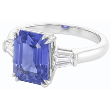 Afbeelding in Gallery-weergave laden, Baguette Diamond 3 Stone Emerald Cut Blue Sapphire Ring 2,25 karaat
