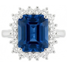 Afbeelding in Gallery-weergave laden, Big Cushion Ceylon saffier en ronde Natuurlijke echte diamanten ( niet in een laboratorium gekweekt ) 4 kt ring wit goud