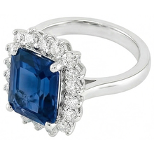 Afbeelding in Gallery-weergave laden, Big Cushion Ceylon saffier en ronde Natuurlijke echte diamanten ( niet in een laboratorium gekweekt ) 4 kt ring wit goud