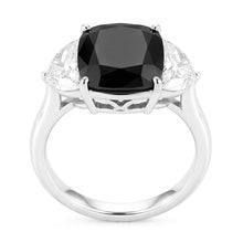 Afbeelding in Gallery-weergave laden, Zwarte diamant aanzoeksring 4,6 karaat natuurlijk kussenslijpsel halve maan driesteens 14k Witgoud