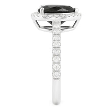 Afbeelding in Gallery-weergave laden, Aanzoeksring met 4 karaat natuurlijke zwarte diamant, hartvormige halo, pavé, 14k witgoud