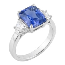 Afbeelding in Gallery-weergave laden, Blauwe Saffier 3 Stenen Ring Halve Maan Diamanten Prong Set 3,50 Karaat