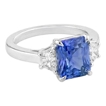 Afbeelding in Gallery-weergave laden, Blauwe Saffier 3 Stenen Ring Halve Maan Diamanten Prong Set 3,50 Karaat