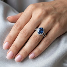 Afbeelding in Gallery-weergave laden, Blauwe ovale saffier ring met accenten Natuurlijke echte diamant ( niet in het laboratorium gekweekt ) wit goud 14K 3,50 Ct