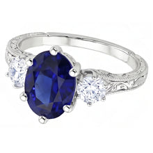 Afbeelding in Gallery-weergave laden, Blauwe saffier 3 stenen ring & Natuurlijke echte diamant ( niet in het laboratorium gekweekt )en 2,50 karaat antieke stijl