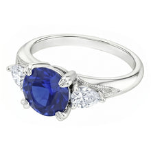 Afbeelding in Gallery-weergave laden, Blauwe saffier 3 stenen ronde saffier ring 1,50 karaat peer Natuurlijke echte diamant ( niet in het laboratorium gekweekt )en