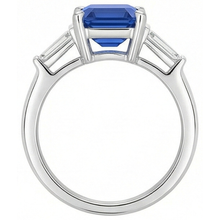 Afbeelding in Gallery-weergave laden, Blauwe saffier 3 stenen smaragd vormige & baguette ring 3,50 karaat