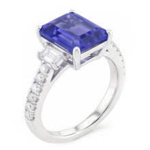Afbeelding in Gallery-weergave laden, Blauwe saffier en Natuurlijke echte diamant ( niet in het laboratorium gekweekt )en ring 3 stenen stijl en accenten 3,50 karaat