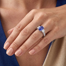 Afbeelding in Gallery-weergave laden, Blauwe saffier en Natuurlijke echte diamant ( niet in het laboratorium gekweekt )en ring 3 stenen stijl en accenten 3,50 karaat