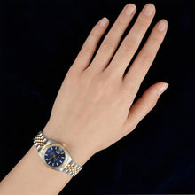 Afbeelding in Gallery-weergave laden, Blauwe stok wijzerplaat horloge Rolex roestvrij staal & gouden jubileum beugel gecanneleerde lunette