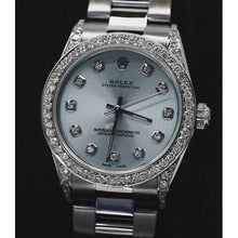 Afbeelding in Gallery-weergave laden, Blauwe aangepaste diamanten wijzerplaat, middelgroot zonder datum Rolex-horlogeband roestvrij staal