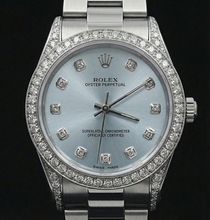 Afbeelding in Gallery-weergave laden, Blauwe aangepaste diamanten wijzerplaat, middelgroot zonder datum Rolex-horlogeband roestvrij staal