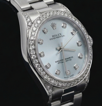 Afbeelding in Gallery-weergave laden, Blauwe aangepaste diamanten wijzerplaat, middelgroot zonder datum Rolex-horlogeband roestvrij staal