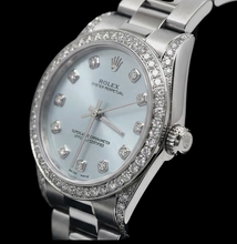 Afbeelding in Gallery-weergave laden, Blauwe aangepaste diamanten wijzerplaat, middelgroot zonder datum Rolex-horlogeband roestvrij staal