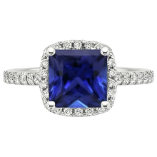 Afbeelding in Gallery-weergave laden, Ceylon Saffier Halo Natuurlijke uit de a aarde gewonnen Diamanten Ring 6 Karaat Prinsesslijpsel met Accenten