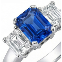 Afbeelding in Gallery-weergave laden, Ceylon Sapphire Ring met 3 stenen Stralende en smaragdgroene Natuurlijke echte diamant ( niet in het laboratorium gekweekt )en 2,50 karaat