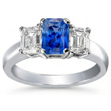 Afbeelding in Gallery-weergave laden, Ceylon Sapphire Ring met 3 stenen Stralende en smaragdgroene Natuurlijke echte diamant ( niet in het laboratorium gekweekt )en 2,50 karaat