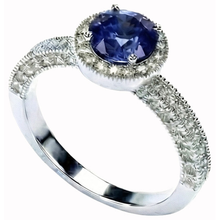 Afbeelding in Gallery-weergave laden, Ceylon blauwe saffier en Natuurlijke echte diamanten ( niet in een laboratorium gekweekt ) jubileum ring nieuw wit goud 14k