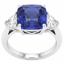 Afbeelding in Gallery-weergave laden, Dames Drie Stenen Ring Asscher Ceylon Saffier & Natuurlijke uit de aarde gewonnen Diamanten 4.50 Karaat