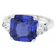Afbeelding in Gallery-weergave laden, Dames Drie Stenen Ring Asscher Ceylon Saffier & Natuurlijke uit de aarde gewonnen Diamanten 4.50 Karaat