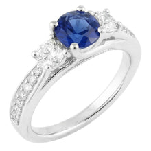 Afbeelding in Gallery-weergave laden, Dames 3 stenen stijl Natuurlijke echte diamant ( niet in het laboratorium gekweekt )en ring ronde blauwe saffier goud 5 karaat
