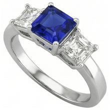 Afbeelding in Gallery-weergave laden, Dames Asscher diamanten ring Ceylon saffier 3 stenen sieraden 2 karaat