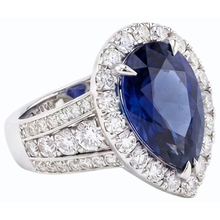 Afbeelding in Gallery-weergave laden, Dames Halo Blauwe Saffier Trouwring Set & Diamanten 6 Karaat