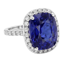 Afbeelding in Gallery-weergave laden, Dames Halo Ring met uit de aarde gewonnen Diamant en Kussen Geslepen Blauwe Saffier Verlovingsring 9.75 Karaat