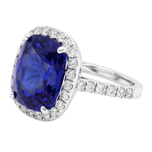 Afbeelding in Gallery-weergave laden, Dames Halo Ring met uit de aarde gewonnen Diamant en Kussen Geslepen Blauwe Saffier Verlovingsring 9.75 Karaat