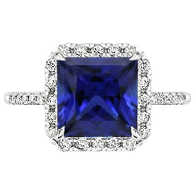 Afbeelding in Gallery-weergave laden, Dames Halo Ring Prinses Blauwe Saffier Met Pavé Natuurlijke uit de aarde gewonnen Diamanten 5.50 Karaat