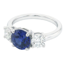 Afbeelding in Gallery-weergave laden, Dames drie stenen ring ronde Ceylon saffier 2,50 karaat Natuurlijke echte diamant ( niet in het laboratorium gekweekt )en