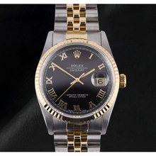 Afbeelding in Gallery-weergave laden, Dames Rolex Datejust 31mm Tweekleurig Horloge met Zwarte Romeinse Wijzerplaat