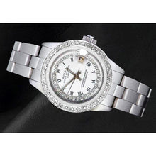 Afbeelding in Gallery-weergave laden, Damesdatumhorloge met witte diamanten wijzerplaatring roestvrij staal Oester