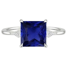 Afbeelding in Gallery-weergave laden, Damesring met uit de aarde gewonnen diamant, prinses geslepen blauwe saffier 5.25 karaat Witgoud