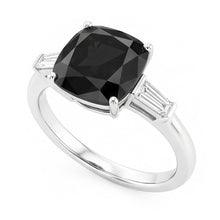 Afbeelding in Gallery-weergave laden, Driesteens Verlovingsring met donkere diamant, 3,6 karaat echte kussengeslepen zwarte diamant en baguette, 14K Witgoud