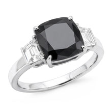 Afbeelding in Gallery-weergave laden, Donkere Diamant Verlovingsring 4,6 Karaat Echte Zwarte Kussenslijpsel Trapezium Drie Stenen 14K Witgoud