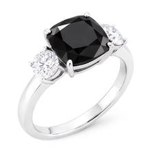 Afbeelding in Gallery-weergave laden, Verlovingsring met donkere diamant 6 karaat echte kussengeslepen zwarte driesteens 14k witgoud