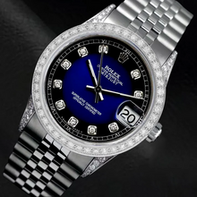 Afbeelding in Gallery-weergave laden, Datumjust horloge Aangepaste blauwe Natuurlijke echte diamant ( niet in het laboratorium gekweekt )en wijzerplaat rand Rolex jubileumarmband Roestvrij staal snel ingesteld