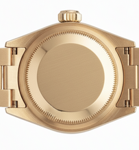 Afbeelding in Gallery-weergave laden, Datumjust Rolex gouden voorzitter-stijl horloge met witte Romeinse wijzerplaat en diamanten rand