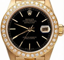 Afbeelding in Gallery-weergave laden, Datumjust Rolex presidentiële horloge met zwarte stok-wijzerplaat met gouden diamanten rand