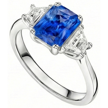 Afbeelding in Gallery-weergave laden, Diamant 3 Stenen Saffier Ring Trapezium Stenen Taps toelopende Schacht 3 Karaat
