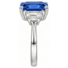 Afbeelding in Gallery-weergave laden, Diamant 3 Stenen Saffier Ring Trapezium Stenen Taps toelopende Schacht 3 Karaat