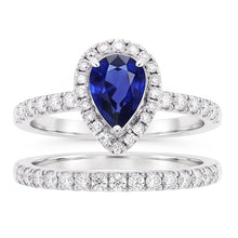 Afbeelding in Gallery-weergave laden, Diamant Halo Peer Sri Lankaanse saffier trouwring set 2,50 karaat