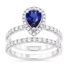 Afbeelding in Gallery-weergave laden, Diamant Halo Peer Sri Lankaanse saffier trouwring set 2,50 karaat