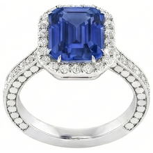 Afbeelding in Gallery-weergave laden, Diamant Halo Smaragd Blauwe Saffier Ring 4 karaat Prong Set Milgrain