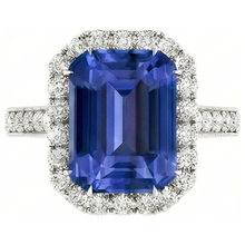 Afbeelding in Gallery-weergave laden, Diamant Halo Smaragd Blauwe Saffier Ring 4 karaat Prong Set Milgrain