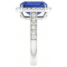 Afbeelding in Gallery-weergave laden, Diamant Halo Smaragd Blauwe Saffier Ring 4 karaat Prong Set Milgrain